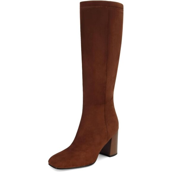 Women's Faux Leather Brown Suede Square Toe Knee High Chunky Heel Side Zip Boots - Picture 1 of 6